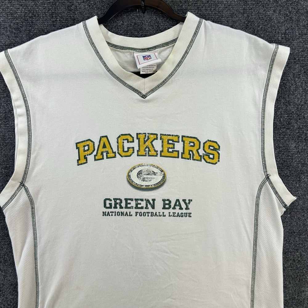 Vintage Green Bay Packers Muscle Sleeveless Shirt Large White/Green NFL Cotton